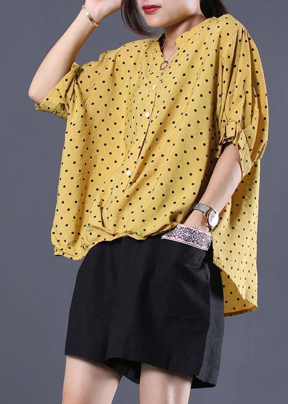 Elegant v neck cotton clothes For Women Shape yellow asymmetric dotted shirt summer