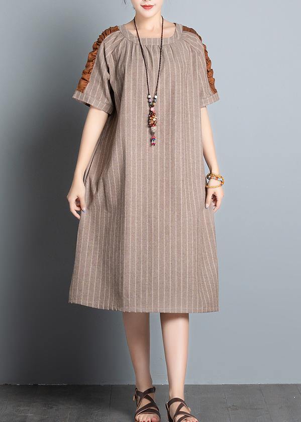 Style khaki striped cotton clothes For Women o neck patchwork Plus Size summer Dresses