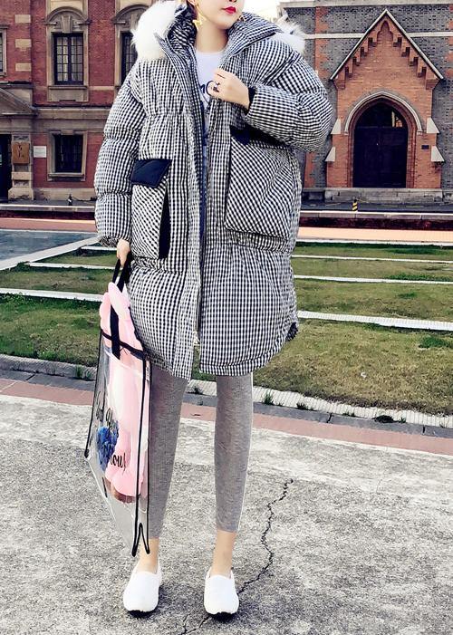 2021 black plaid down jacket woman plus size clothing parka hooded The rabbit wool Elegant coats