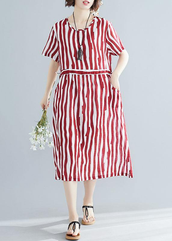 Handmade red striped clothes Women o neck drawstring Art summer Dress