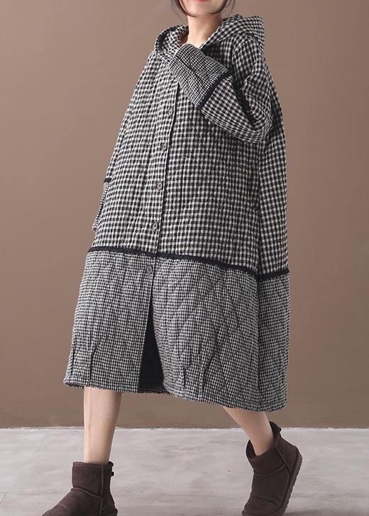 Elegant black white plaid winter coats plus size clothing hooded patchwork winter outwear