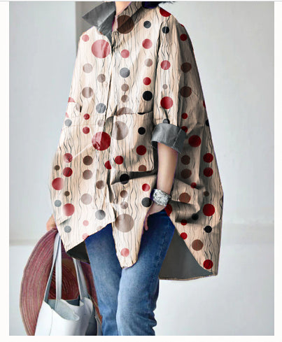 Apricot-polka dots Peter Pan Collar Low High Design Cotton Shirt Long Sleeve