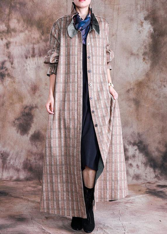 boutique plus size long coat fall woolen outwear khaki plaid Cinched wool coat for woman