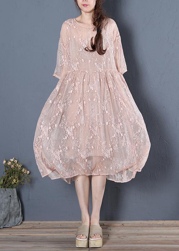 Unique beige clothes For Women o neck half sleeve oversized summer Dress