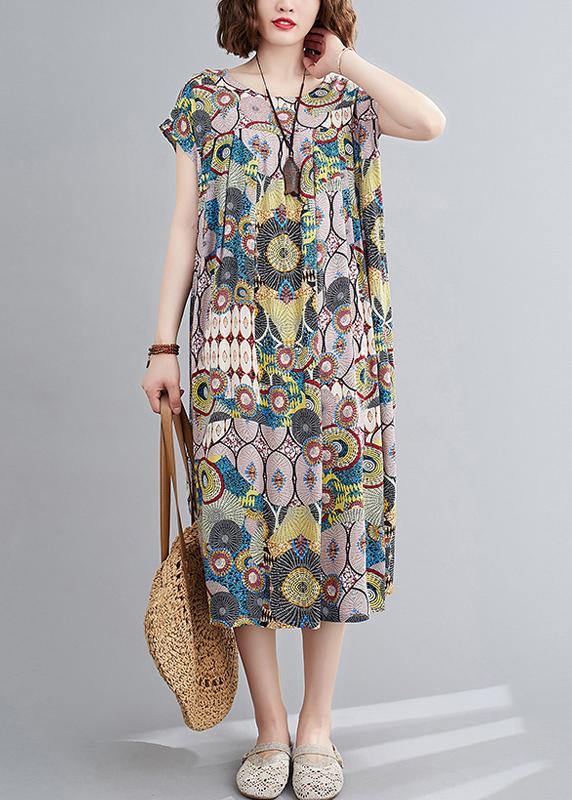 Vivid yellow print outfit o neck Cinched baggy summer Dress