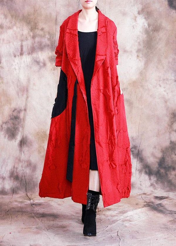 vintage trendy plus size long fall red turn-down collar tie waist coat