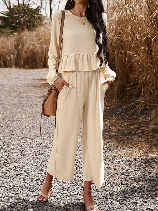 Long Sleeves Loose Pleated Solid Color Split-Joint Round-Neck Shirts Top + Pants Bottom Two Pieces Set