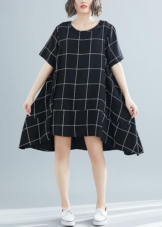 Loose black plaid Cotton clothes plus size Tutorials low high design tunic summer Dress