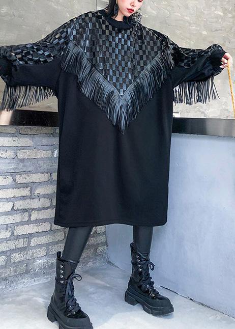 Chic o neck patchwork tassel fall dresses pattern black long Dresses