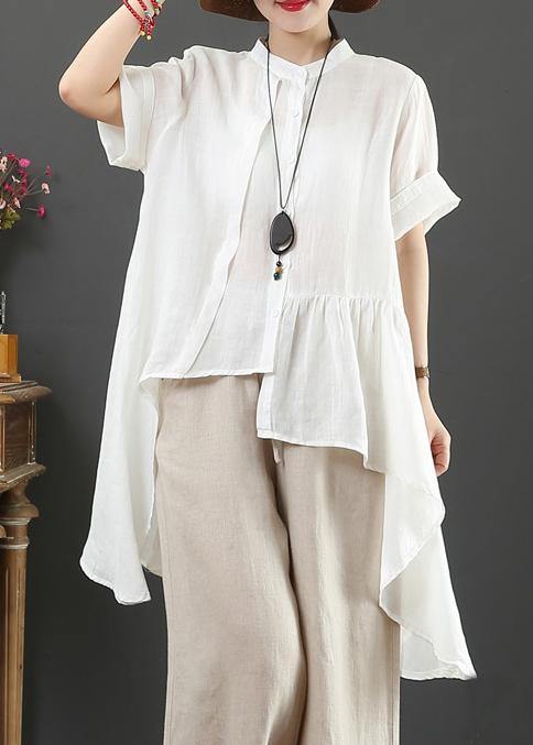 Art white linen clothes pattern stand collar low high design top