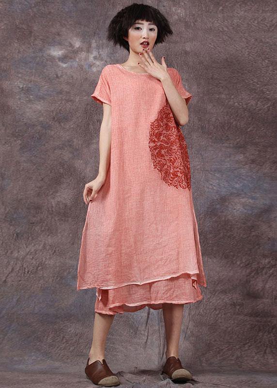 Elegant orange embroidery linen cotton dress side open long summer Dresses