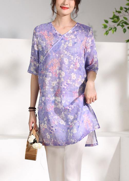 Chic purple print linen clothes v neck half sleeve Knee tops