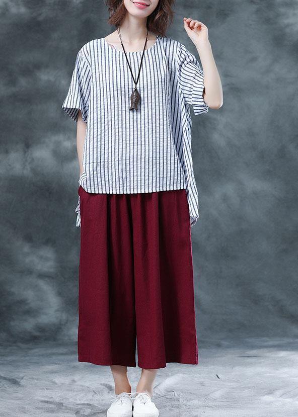 summer cotton two pieces black striped asymmetric hem tops and red women crop pants