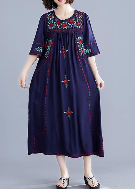 Handmade navy embroidery cotton clothes For Women o neck Cinched cotton robes summer Dress