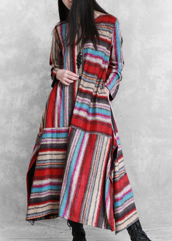 Organic red striped linen cotton clothes For Women side open Plus Size Clothing patchwork Dress