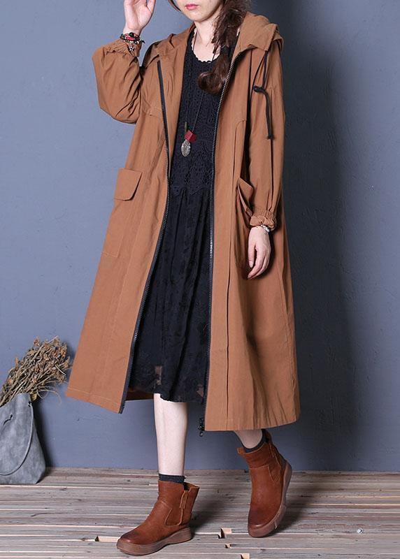 Elegant plus size long fall brown hooded drawstring coats