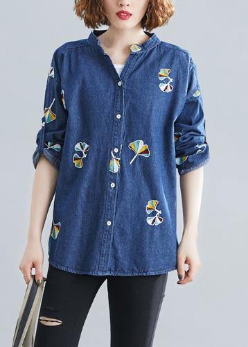 Women stand collar embroidery cotton spring clothes For Women Outfits dark blue blouse