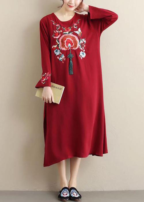 Unique Burgundy Embroidery Tunic Pattern O Neck Tassel Spring Dress