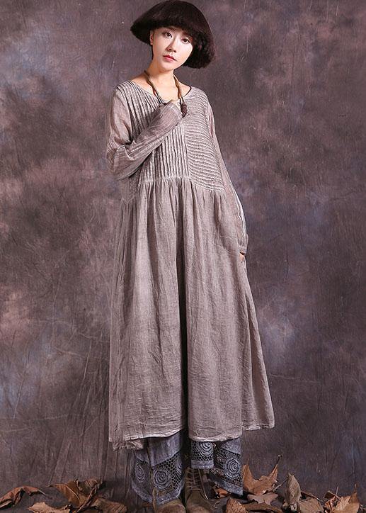 Handmade khaki Cinched cotton linen quilting clothes long sleeve long summer Dress