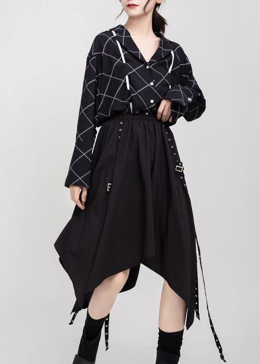 Women black cotton clothes elastic waist asymmetric  skirt