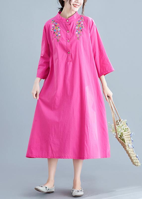 Vivid rose embroidery cotton clothes For Women stand collar pockets Maxi summer Dresses