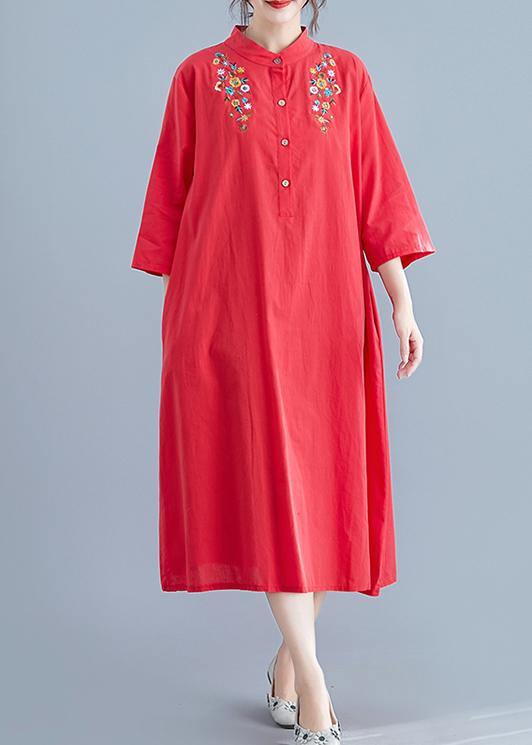 Elegant stand collar pockets cotton tunics for women Work Outfits red embroidery Maxi Dresses summer