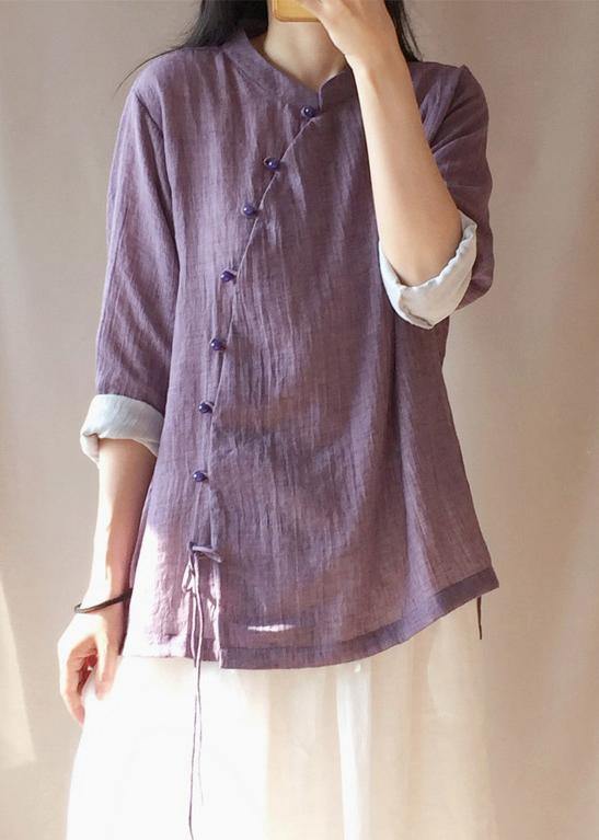 French Purple Tops Women Blouses Stand Collar Button Down Clothing Blouse