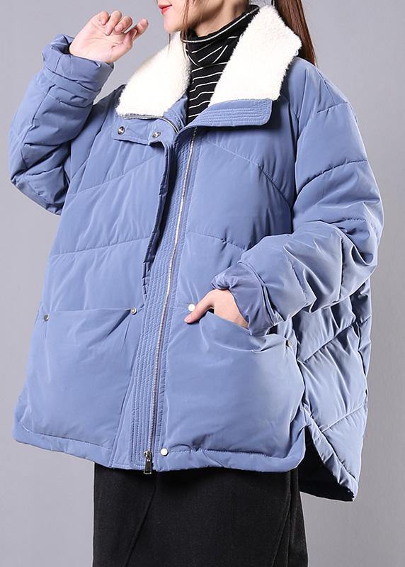 Elegant blue Parkas for women Loose fitting winter jacket lapel pockets zippered overcoat