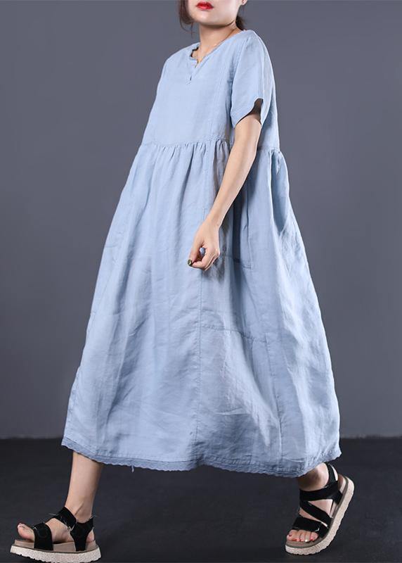 Style v neck linen clothes For Women Work Outfits light blue Dress summer