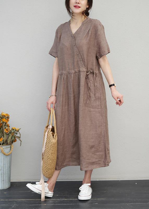 DIY o neck drawstring linen summer Wardrobes Sewing brown Dress