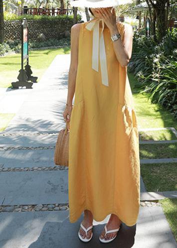 Classy yellow cotton Wardrobes o neck sleeveless Maxi summer Dresses