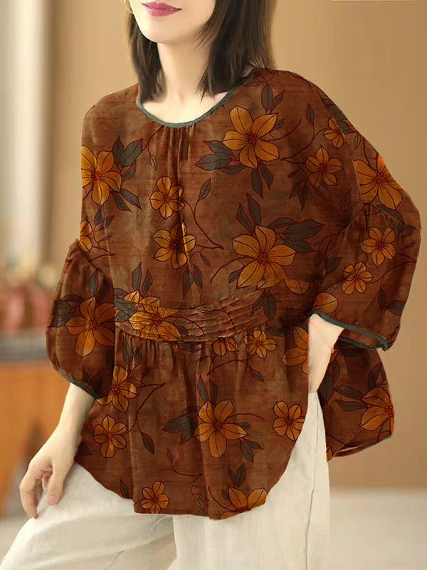 Handmade orange-flower O Neck Print Wrinkled Patchwork Cotton Top Summer