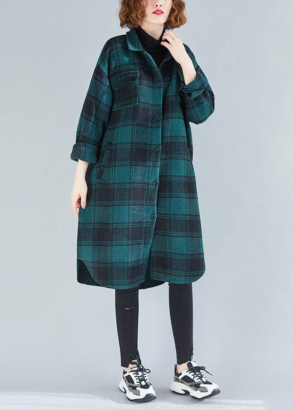 Elegant lapel pockets cotton clothes Christmas Gifts green plaid blouses