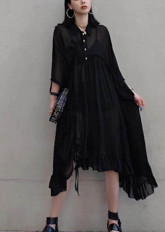 Chic Lapel Asymmetric Spring Quilting Dresses Design Black Long Dresses