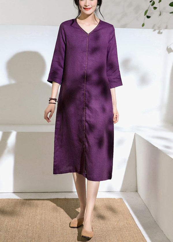 Beautiful purple linen Robes v neck tie waist Dress