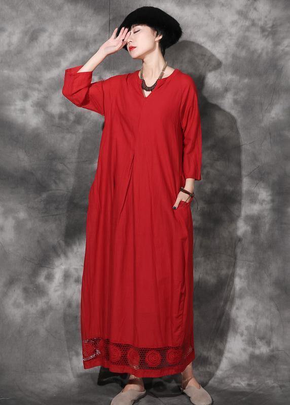 Modern red cotton clothes Women bracelet sleeved Maxi lace hem Dresses