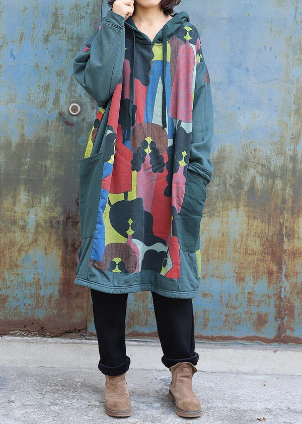 Natural green prints cotton tunics for women patchwork long hooded Dress