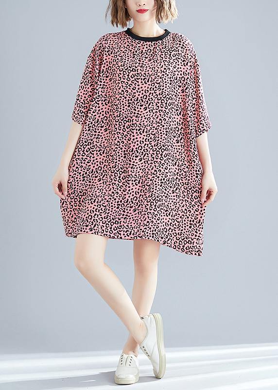 Elegant o neck Batwing Sleeve Cotton blended Korea Neckline pink Leopard daily Dress Summer