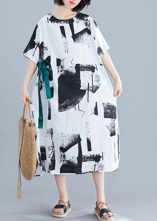 Chic o neck tie waist cotton dresses white print Plus Size Dress summer