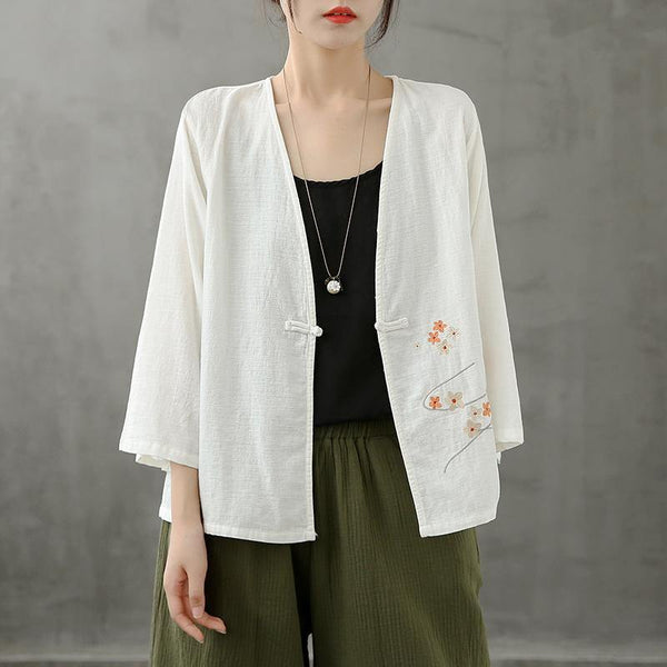 Chic v neck Chinese Button crane tops pattern white shirts