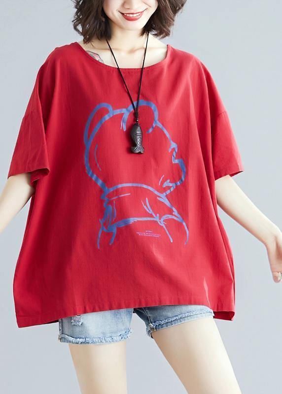 DIY Cartoon print cotton linen tops women Outfits red o neck blouses summer