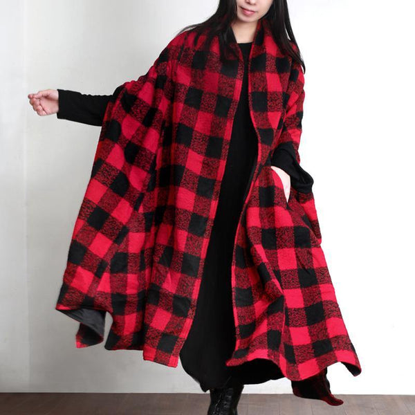 Luxury  plus size clothing long winter coat outwear red plaid asymmetric wool coat