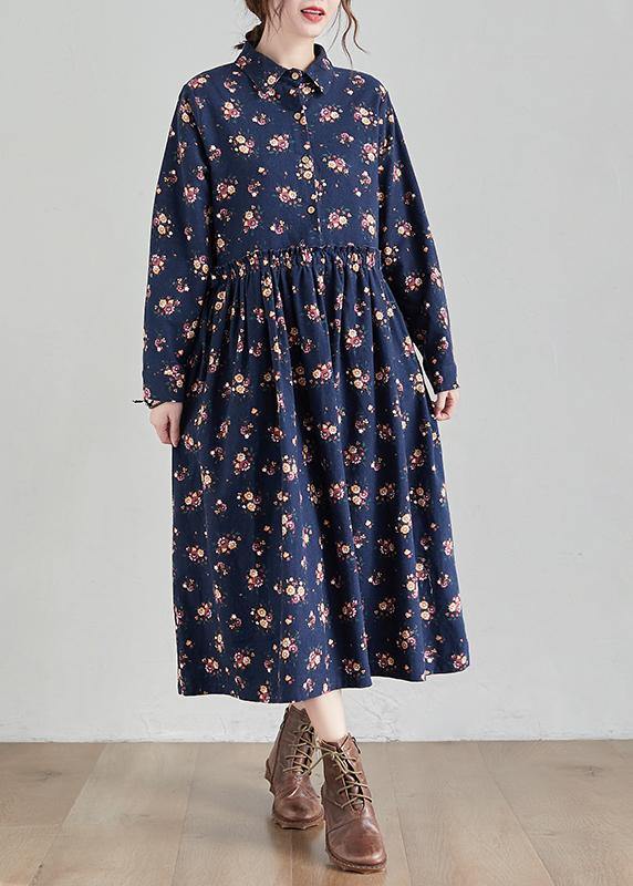 Chic Lapel Cinched Spring Tunics Shape Navy Print Traveling Dress