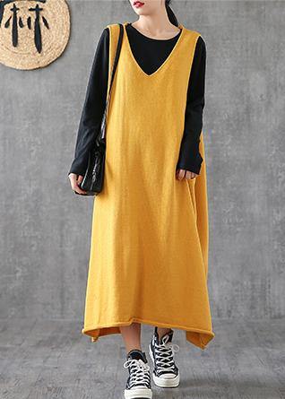 Loose yellow clothes Women v neck sleeveless loose Dress