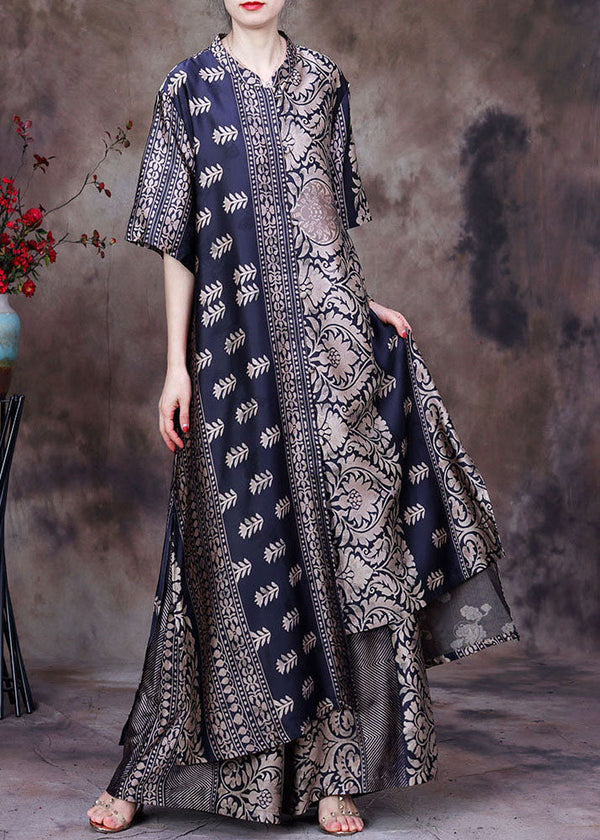 2022 Black Asymmetrical Print Side Open Silk Long Top And Wide Leg Pant Two Piece Set Summer