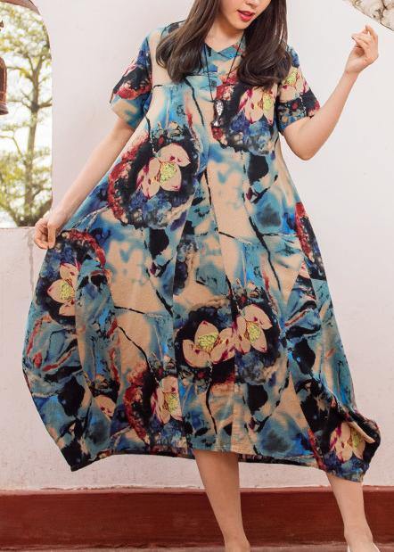 Modern dark blue print v neck asymmetric cotton robes summer Dresses