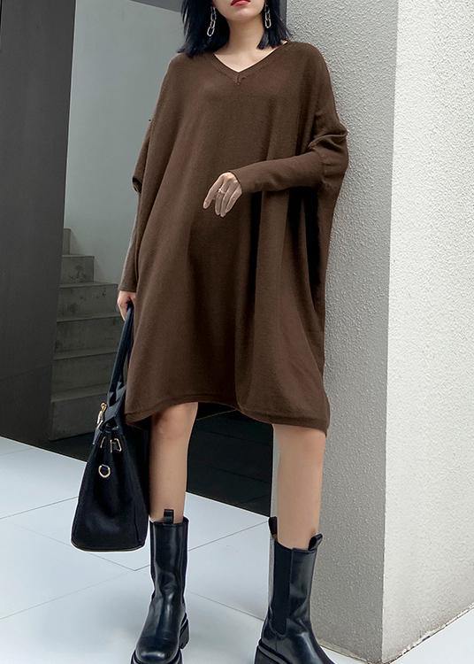 Winter v neck Batwing Sleeve Sweater weather Women chocolate Largo knitted dress