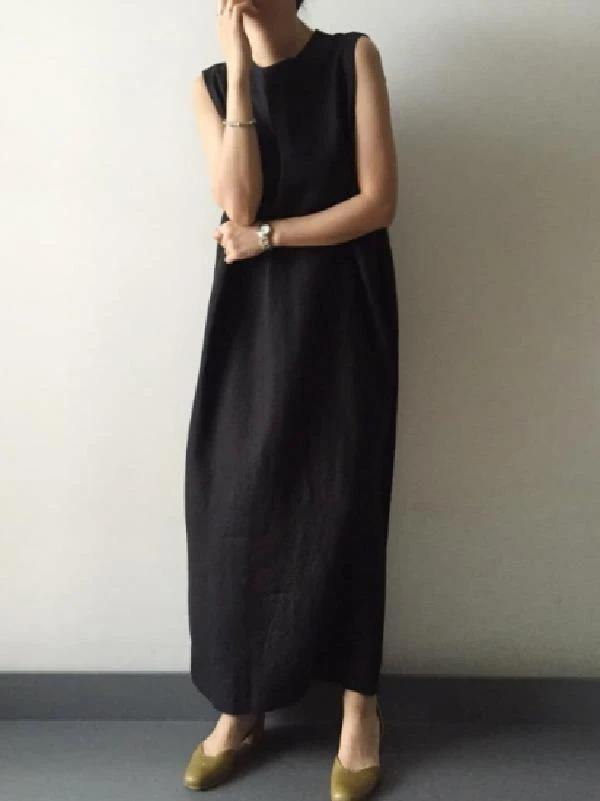 Women black cotton linen Robes o neck side open cotton robes Dresses