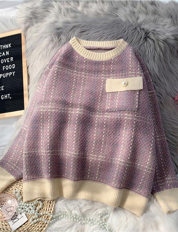 Chunky light purple plaid knitted blouse plus size o neck patchwork top