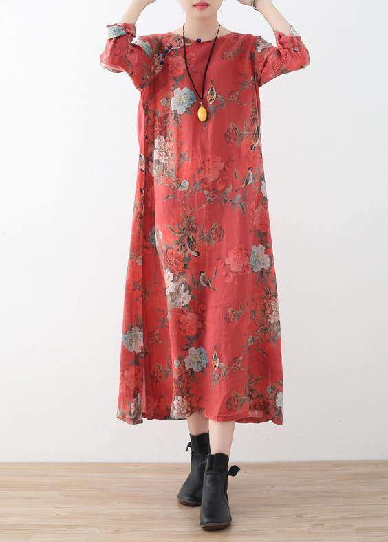 Women red linen outfit Fine Runway side open Maxi prints Dress